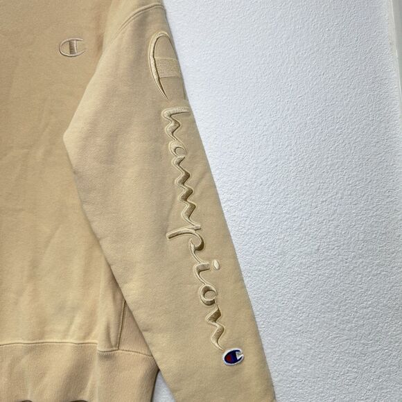 Champion Reverse Weave Sweatshirt Medium Crewneck Embroidered Logo‎ Beige Tan - Picture 3 of 7